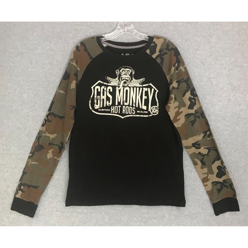 Gas Monkey Garage Sweater Shirt Mens Medium Camo Long Sleeve Black Rib Knit Cars